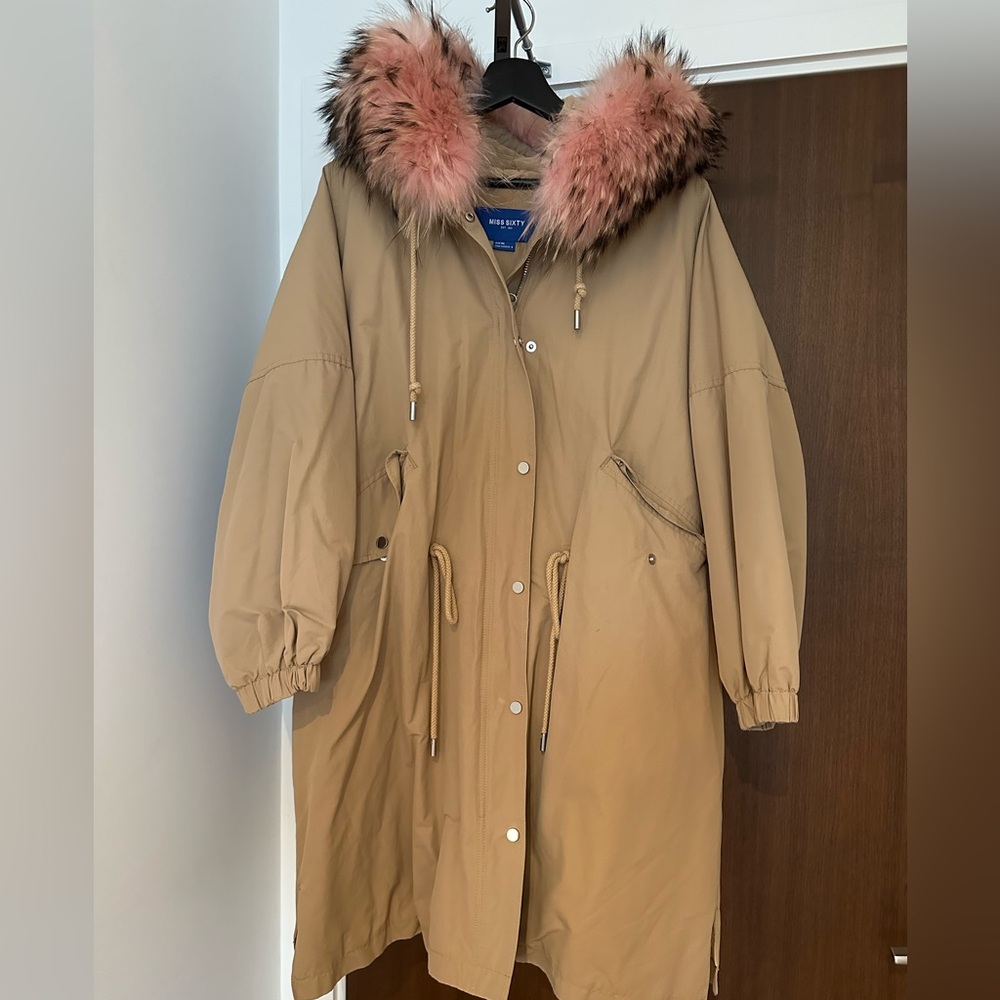 Miss Sixty Tan Parka with Pink Fur Trim